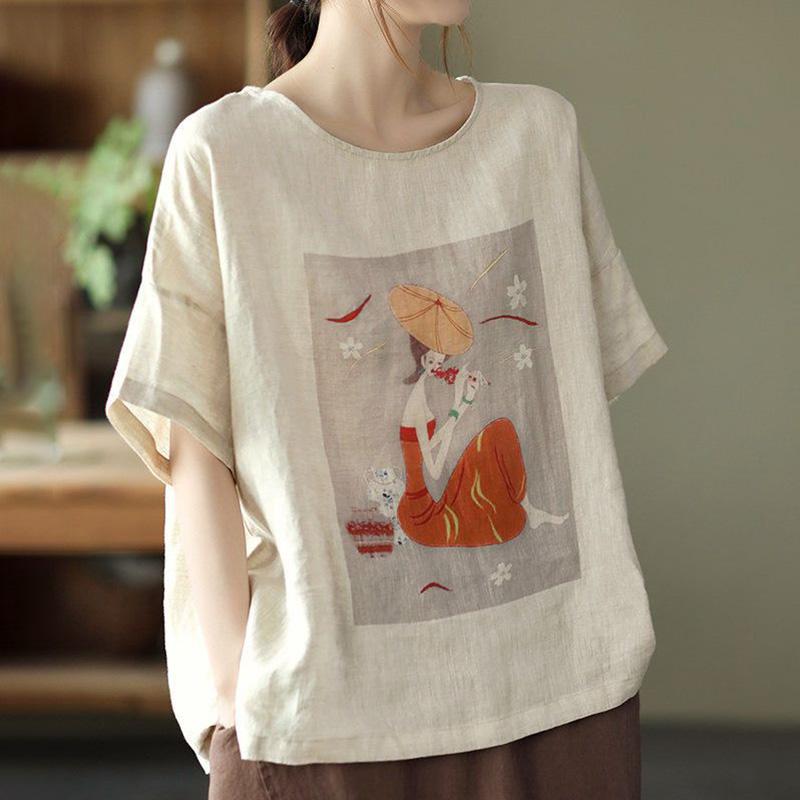 Cotton T-shirt Women Summer Soft Loose Shirt Casual Round Neck Pullover Short-sleeved Top