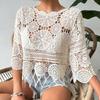 Cover Up Tops Loose Fit Round Neck Three-Quarter Sleeve Crochet Hollow Fabric Beach Cover Up Bohemian Tassel Hem Shirt
