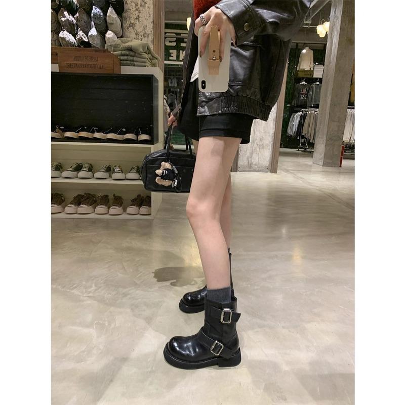 Washed Horse Leather Double Buckle Thick Heel Platform Locomotive Short Boots Women's Western Short Boots