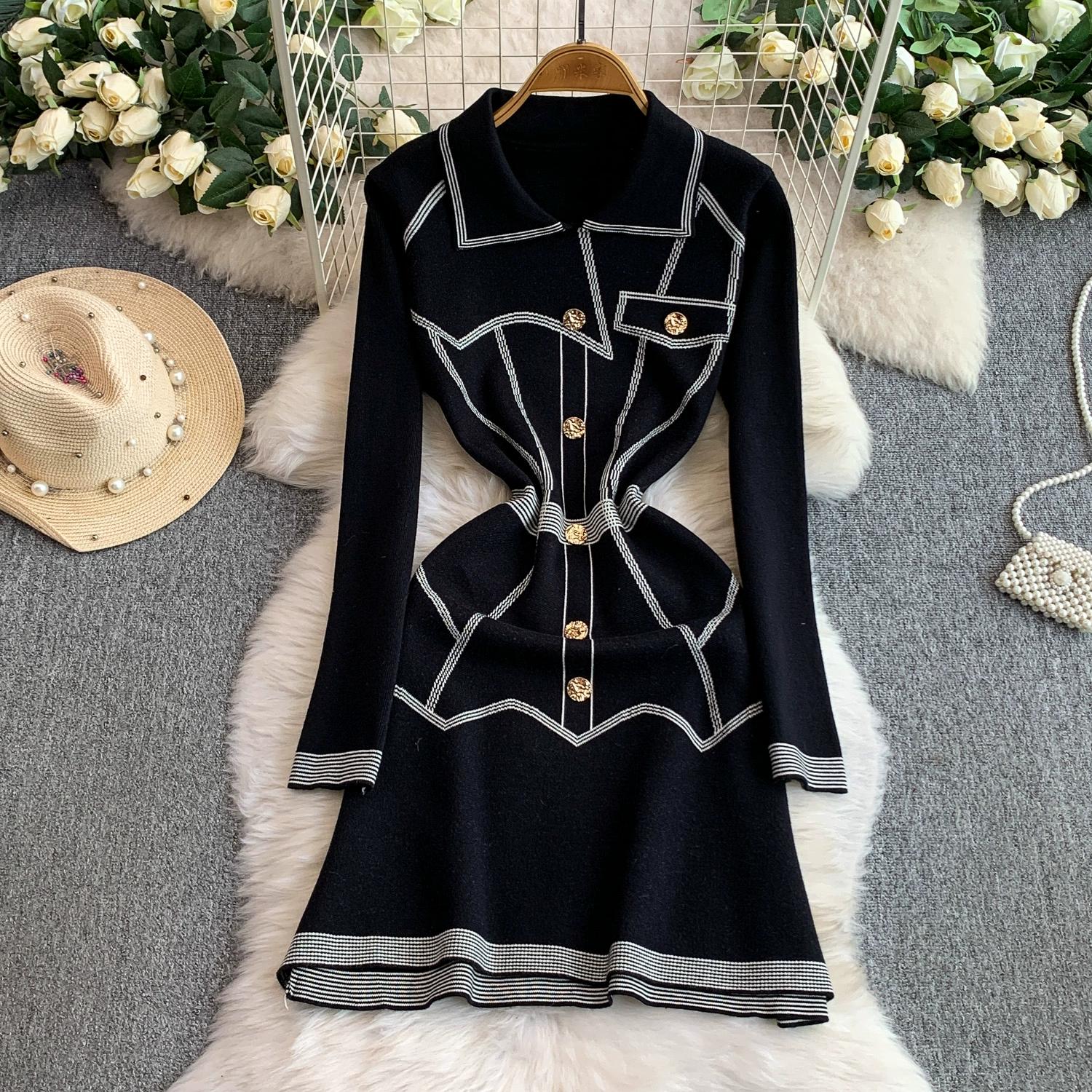 

Осінньо-зимовий жіночий елегантний смугастий в язаний светр з відкладним коміром, міні-короткий пуловер, святкові сукні One Size чорний