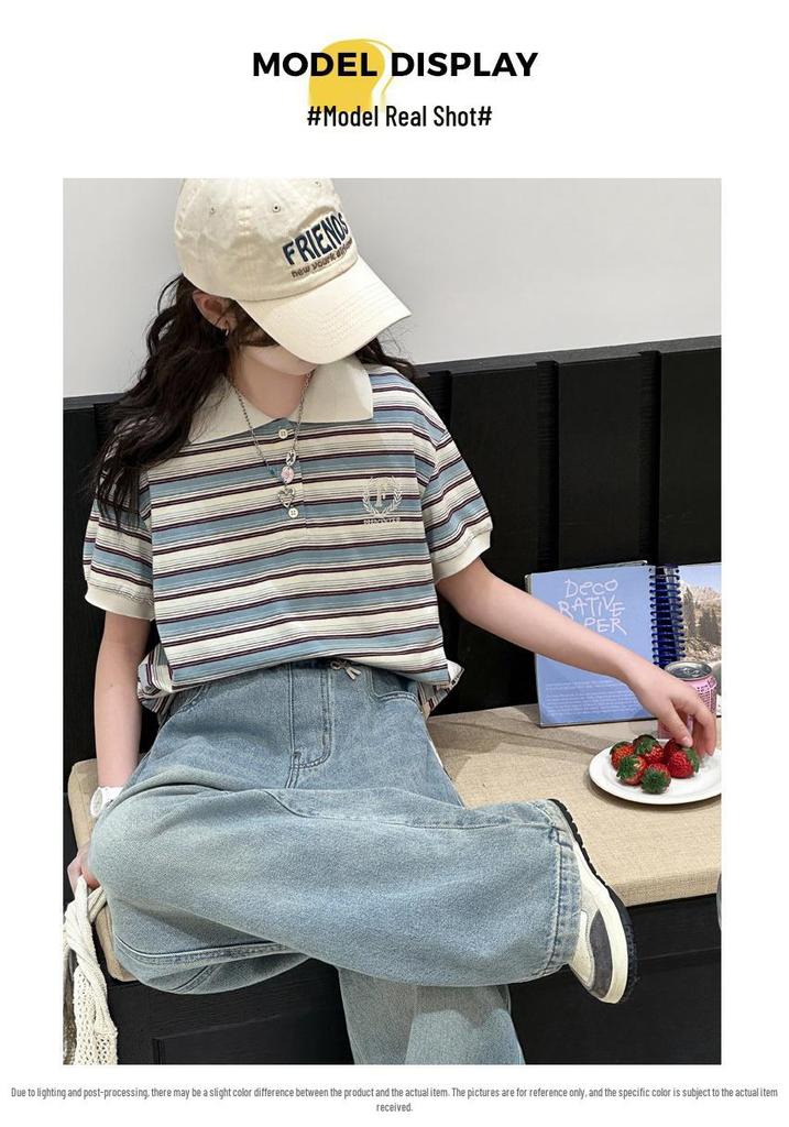 Gestreiftes Polo-Shirt und Jeans-Hose mit weitem Bein für Mädchen - Koreanischer Stil Lässige Sommer-Mode