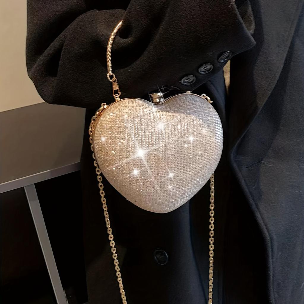 Mini Heart Shaped Prom Purse, Glitter Chain Crossbody Bag, Women's Box Handbag For Wedding & Party For Carnaval Use