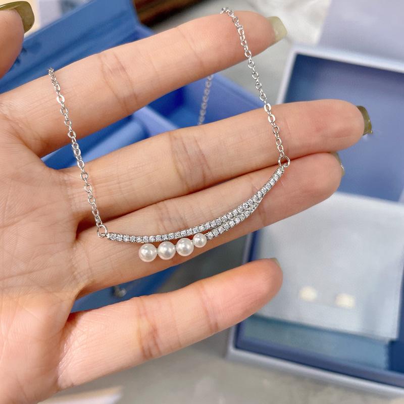 Elegant Sterling Silver Pearl & Diamond Clavicle Necklace – Women's Japanese & Korean Fashion