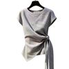 French gentle style retro striped design splicing straps slim short-sleeved T-shirt women's summer new top
