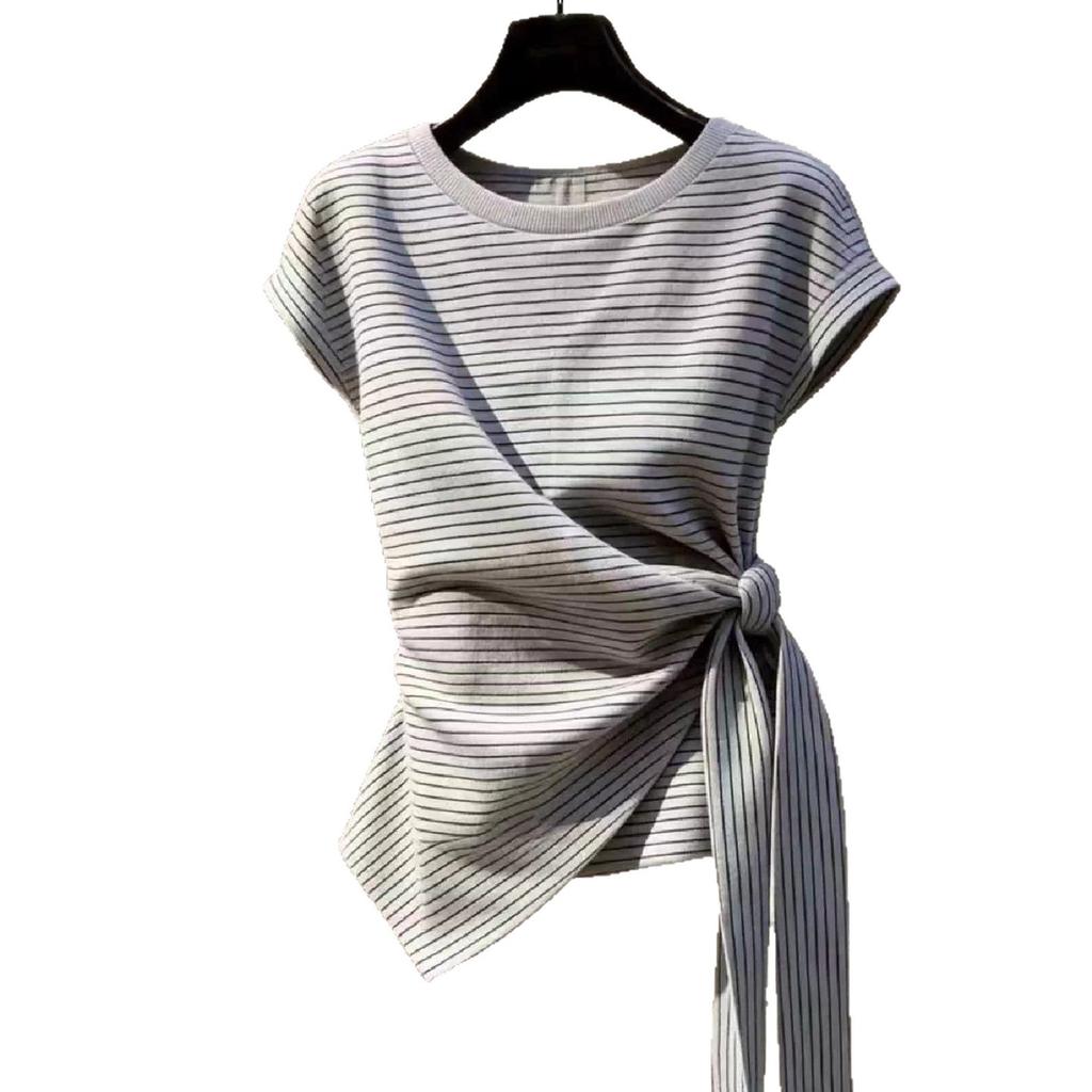 French gentle style retro striped design splicing straps slim short-sleeved T-shirt women's summer new top