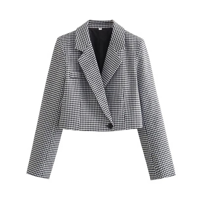 Spring NEW Set Women High Waist A Word Pocket Decoration Skirt One Button Short Houndstooth Blazers