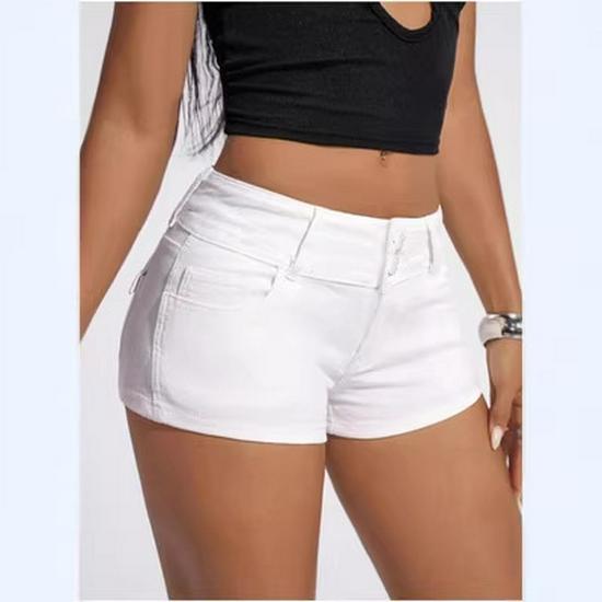 Women s European Style High-Waisted White Denim Shorts - Stretchy Slimming Double Button Hot Pants. Medium