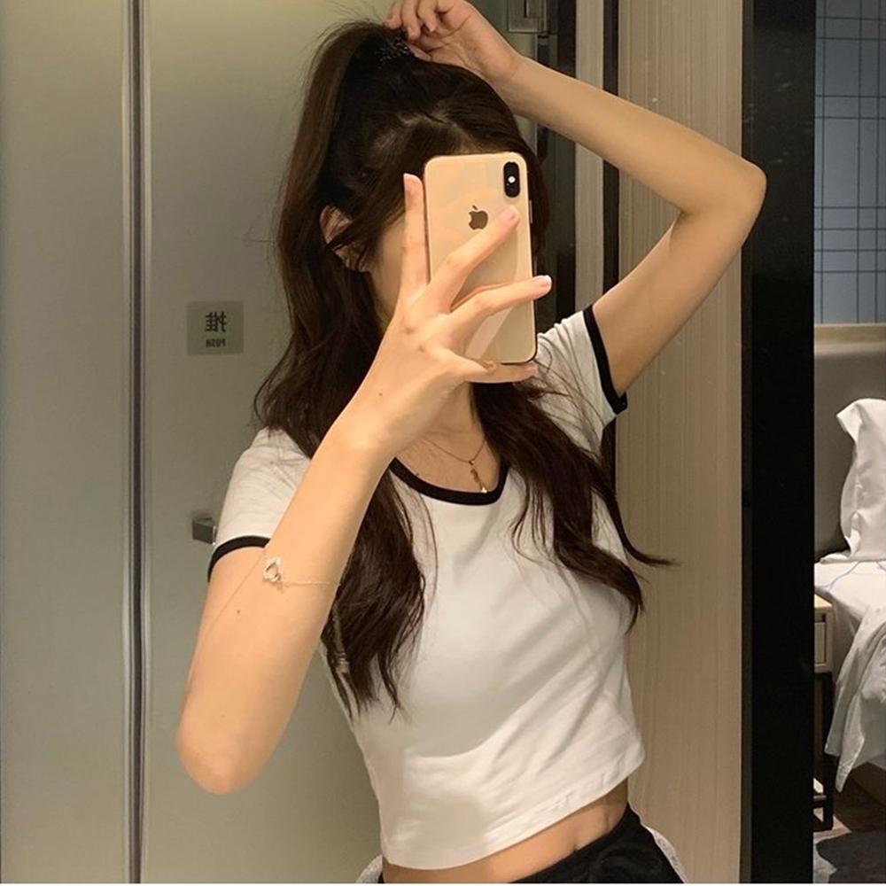 Women's Color Block Trim Crop Top, Cotton Slim Fit Short Sleeve T-Shirt