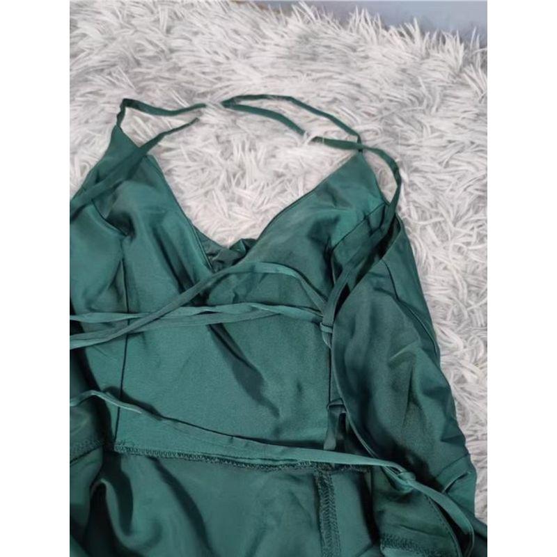 Export Single Lu Home High Texture Smooth Satin Ruffles Sleeveless Split Long Leg Lace-up Open Back Long Dress