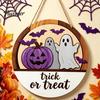 Layered Wood Craft Halloween Round Door Hanger, 3D Pumpkin Ghost Owl Welcome Sign, Solid Plaque Farmhouse Front Wall Hanging Decor for Home