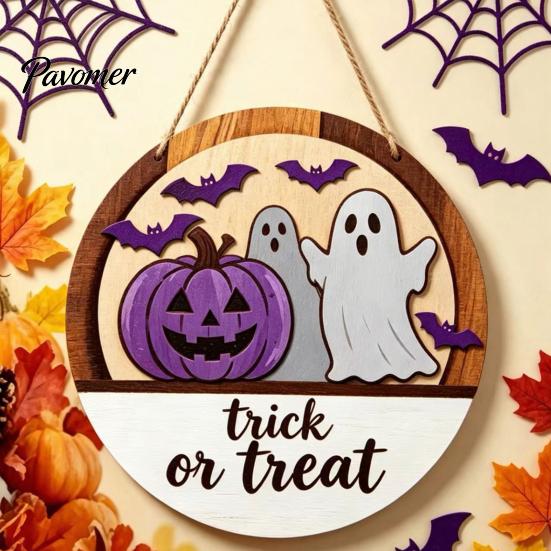Layered Wood Craft Halloween Round Door Hanger, 3D Pumpkin Ghost Owl Welcome Sign, Solid Plaque Farmhouse Front Wall Hanging Decor for Home