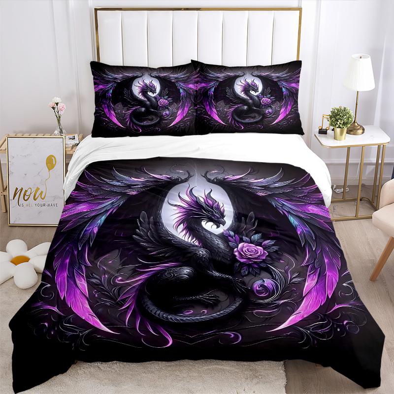3pcs Purple and Black Dragon Print Cover Set Ultra Soft, Breathable, and Comfortable Bedding with Stylish Design for Bedroom and