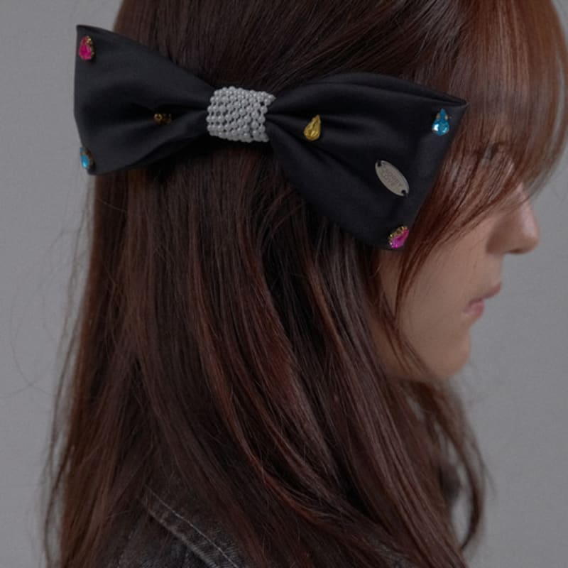 SORRY TOO MUCH LOVE Crystal Gem Satin Bow Hairpin_Black