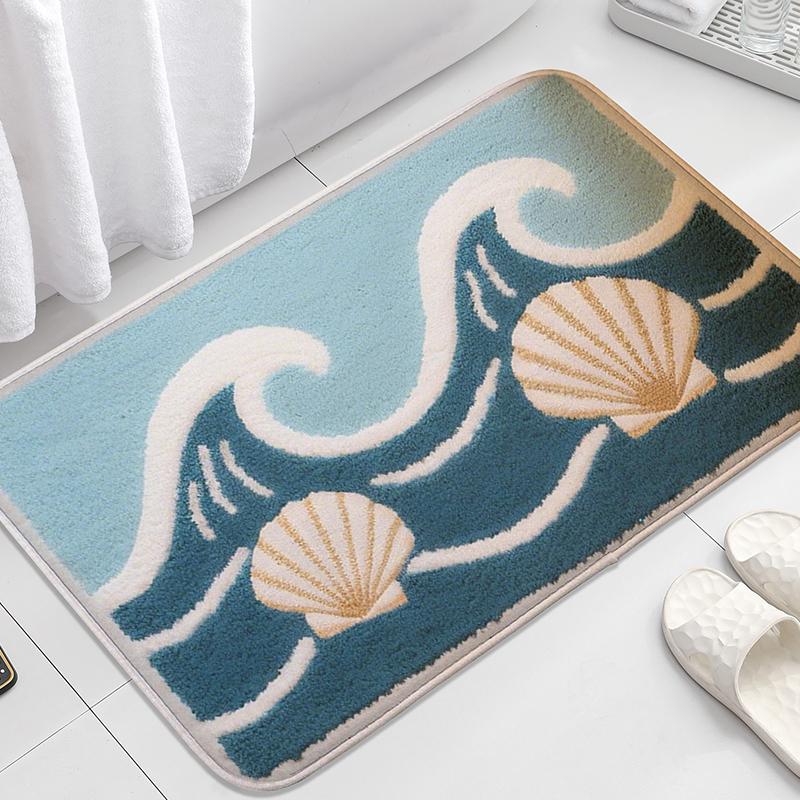 Wave Seahorse Pattern Bathroom Door Mat, Water Absorbent Small Carpet, Toilet Seat Mat, Decorative Floor Mat, Machine Washable