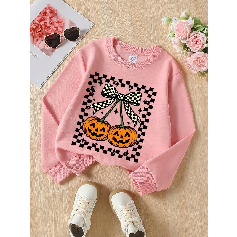 Girls Soft Crewneck SweatshirtCheckerboard Bow Halloween Pumpkin Print with Cute Creative Print, Casual All-Match for Fall Winter
