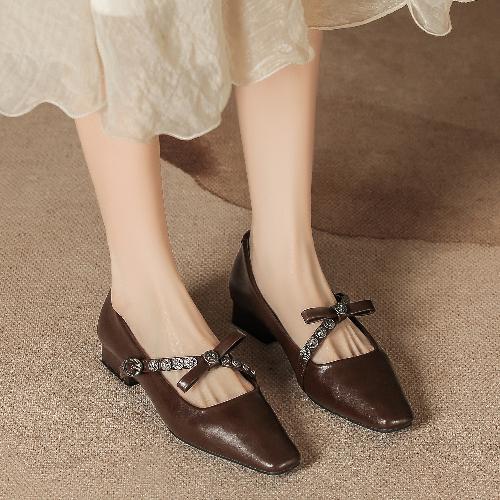 

Fashion Women Mary Jane Shoes Bow Knot Chunky Heel Square Toe Retro Casual Dress Shoes for Commuting and Daily Wear 35 коричневый