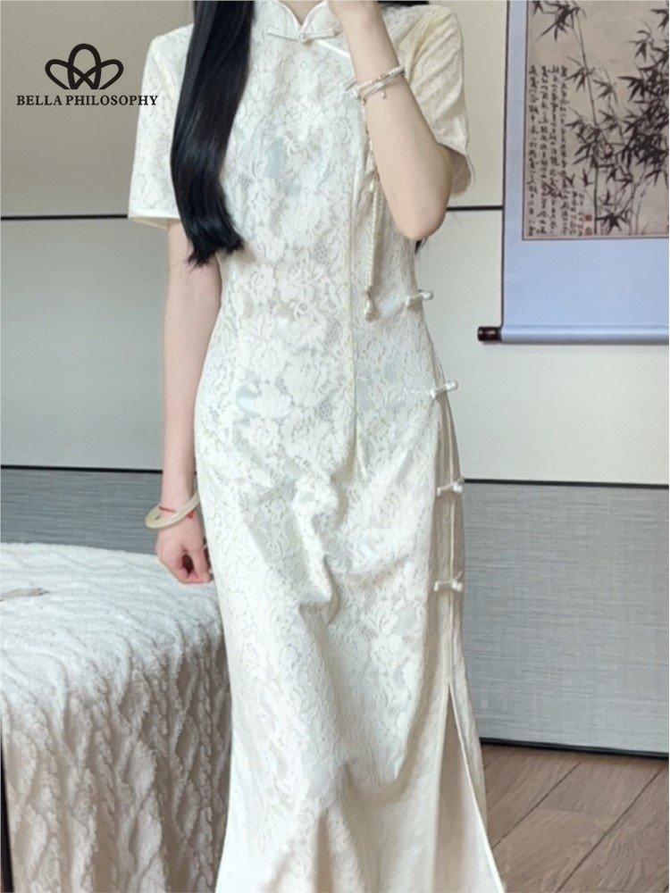 Čínské léto Tradiční čínské šaty Cheongsam Ženy Dívky Retro Qipao Bodycon Květinová bandáž Vintage módní dlouhé šaty