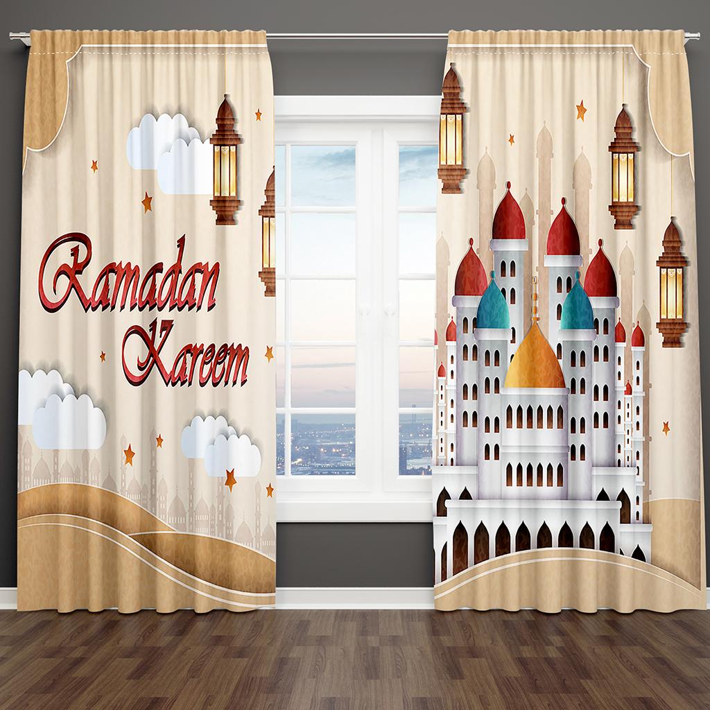 2Pcs Purple Castle Cartoon Ramadan Kareem Window Curtains Blinds For Kids Bedroom Living Room Bathroom Kicthen Door Home Decor