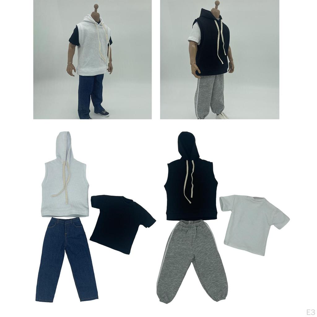 3 Pieces 1/6 Men Sleeveless Hoodie Pants Short Sleeve, Handmade Doll Clothes, Fashion Cloth Costume