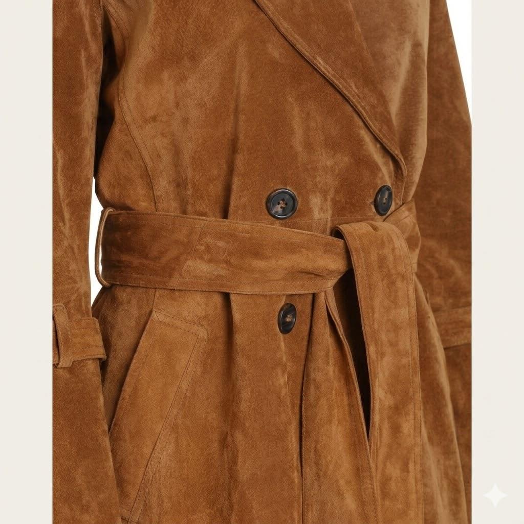 Brown Genuine Suede Lambskin Leather Women's Party Stylish Handmade Trench Coat
