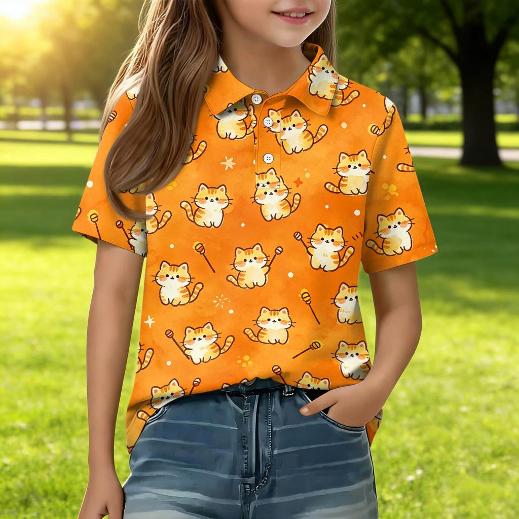 Kids Short Sleeve Polo Shirt Animal Print Casual Top Button Collar Boys Girls Lightweight Summer Tee