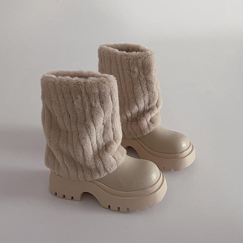 

Плюшевые комбинированные высокие зимние сапоги, модные простые ретро-стильные сапоги на толстой подошве, сапоги-рыцари с нежным голенищем средней длины, модные сапоги 40 бежевый