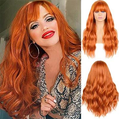 24 Inches Orange Wig with Bangs Cosplay Long Wavy Wig for Women Synthetic Heat Resistant Fiber Wigs