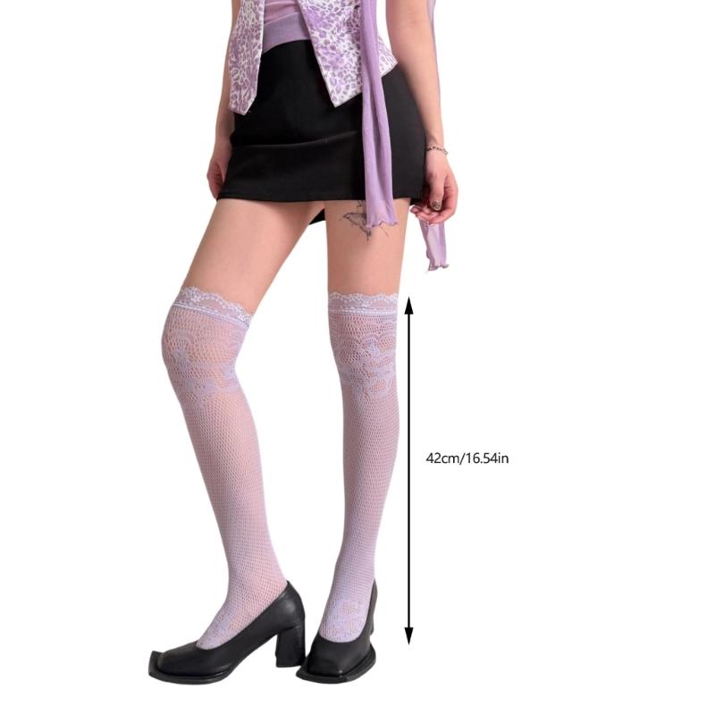 Ästhetische bunte gemusterte Overknee-Socken mit Spitzenbesatz Fischernetz-Gewebe Dehnbar Nylon Oberschenkelhohe Strümpfe für Damen
