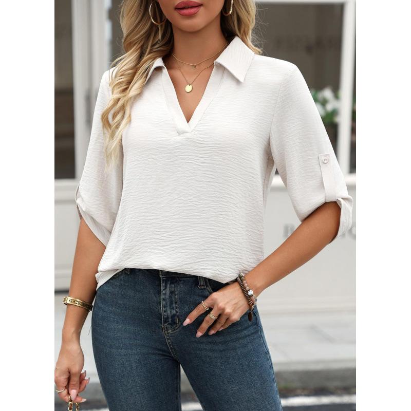 Women's V Neck Blouse 3/4 Sleeve Loose Fit Casual Office Shirt
