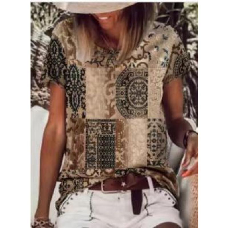 Short Sleeved T-shirt for Women with Round Neck Print Trendy Street Style Short Sleeved Loose Fit Shirt