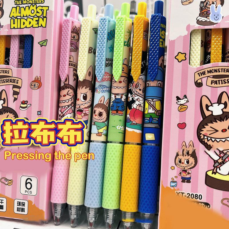 6Pcs Kawaii Gel Pen Labubu Monster Cartoon Neutral Pen Quick Drying Pen Student Examination School Office Supplies Stationery