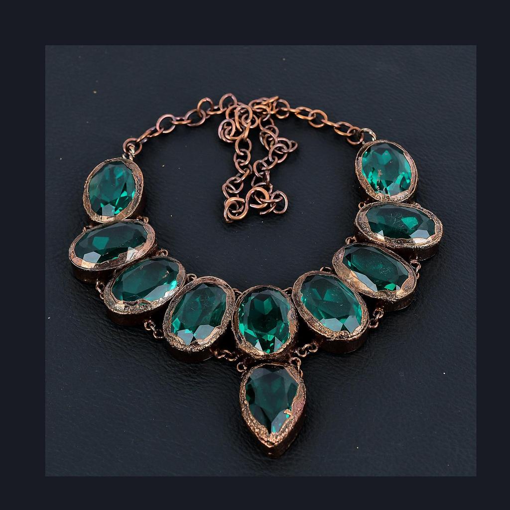 Indicolite Handmade Gemstone Necklace, Copper Electroformed Antique Jewelry Adjustable Chain Necklace, For Engagement Gift