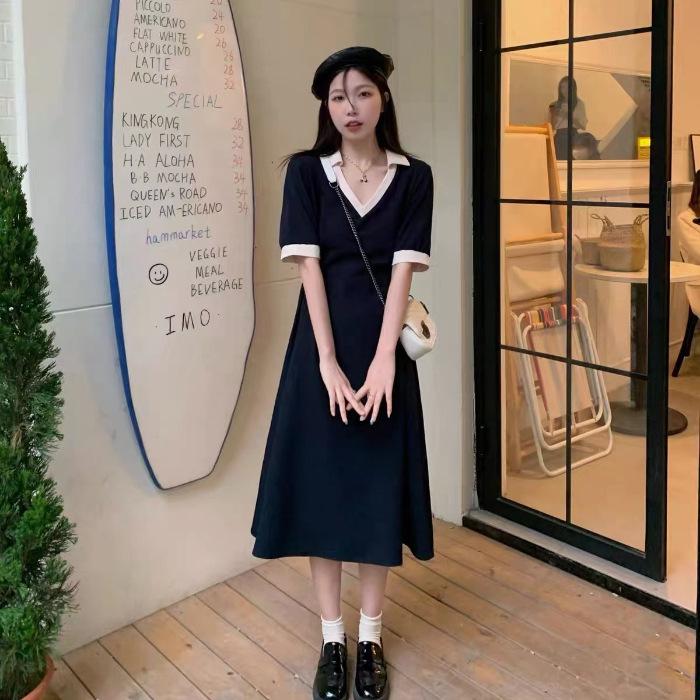 Large Size Contrasting Color Polo Dress Women's Summer 2026 New Fat Mm Belly Cover and Thin Skirt Casual T-shirt Long Dress