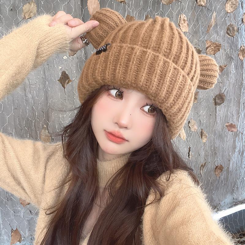 Winter Bear Ear Knitted Hat for Women Korean Style Warm Wool Hat Japanese Versatile Cute Cold Hat for Women Ear Protection Hat