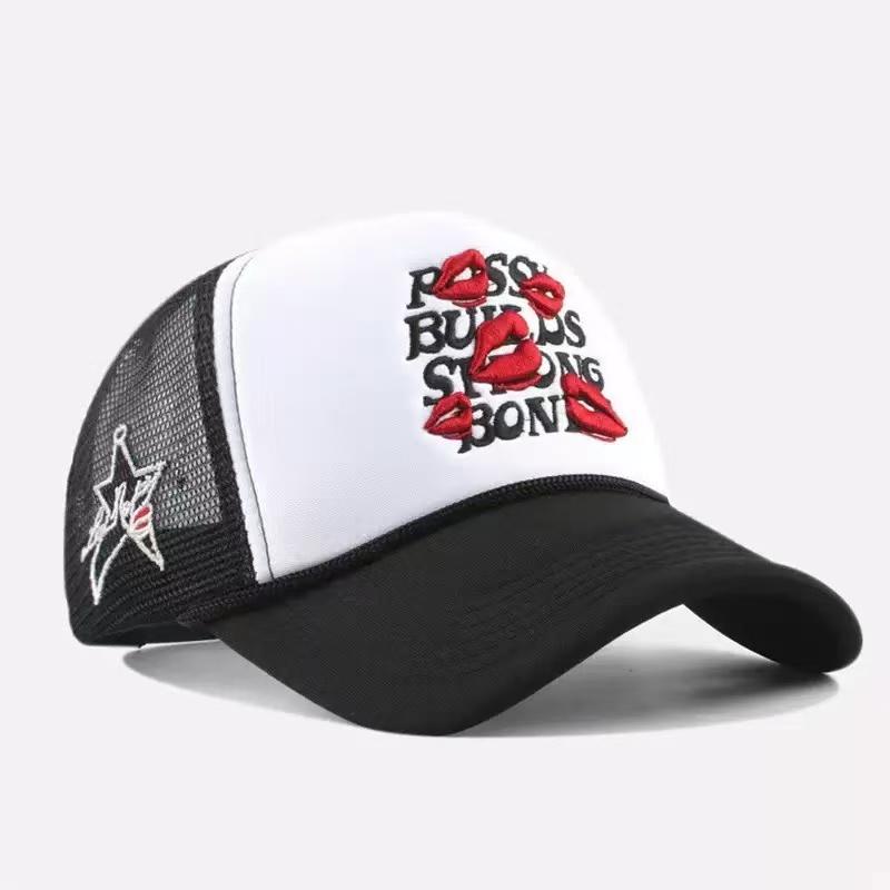 Red lip, wide brim, multi-color letter baseball cap, sunshade, breathable, casual baseball net cap for truck drivers
