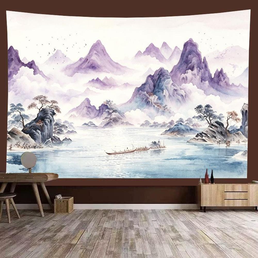 Asian Landscape Wall Art, Ink Wash Mountains Pine Tree Feng Shui Tapestry