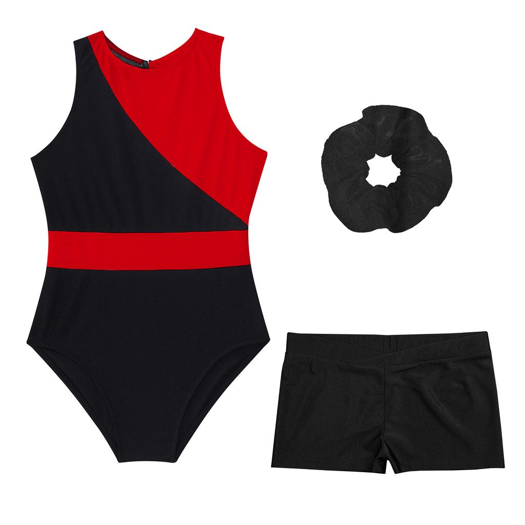 Girls Gymnastics Outfit Sparkly Rhinestones Sleeveless Keyhole Back Leotard with V Front Shorts