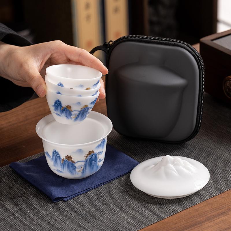 Light luxury travel tea set ice seed jade porcelain high-end gaiwan Mid-Autumn Festival festival anniversary annual meeting business souvenir gift