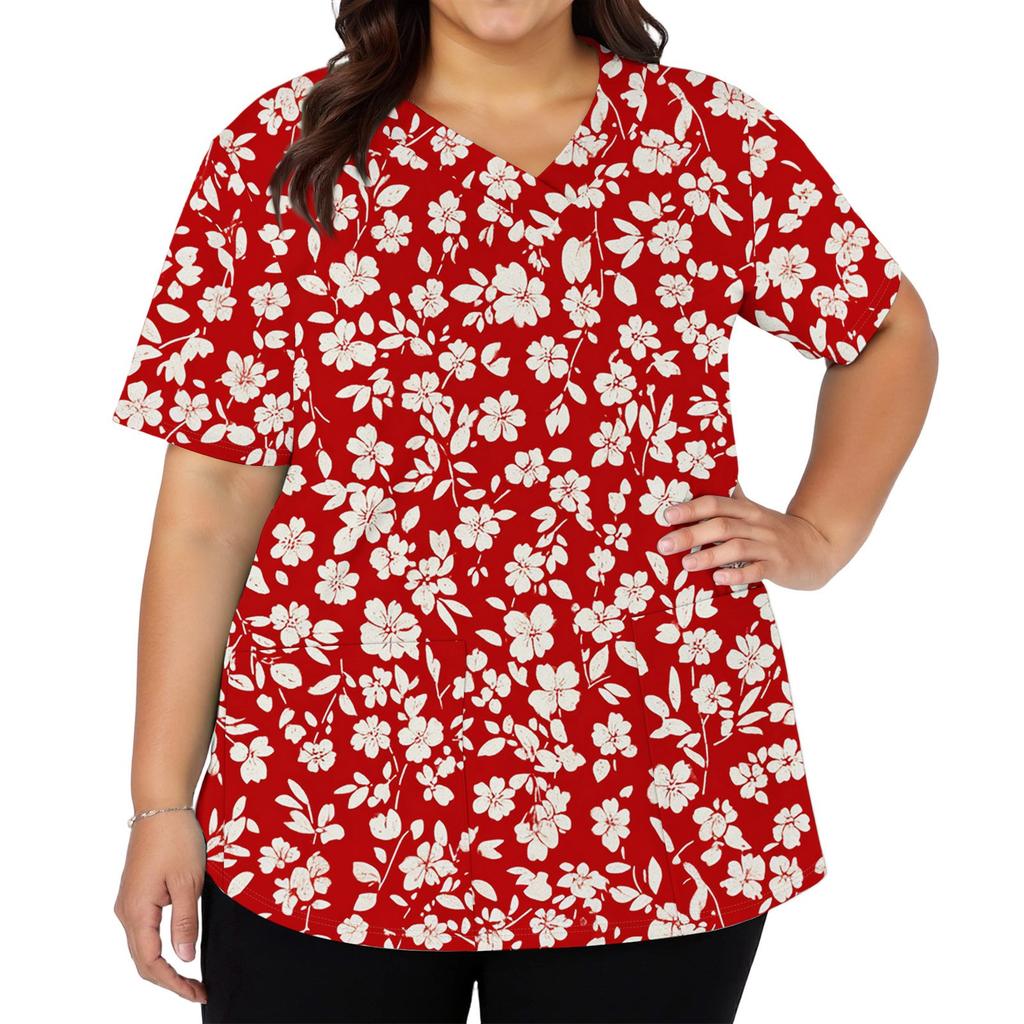 Women's Fashionable V-neck Short-Sleeved Work Top With Double Side Slits And Pockets, Featuring A Retro Floral Print.