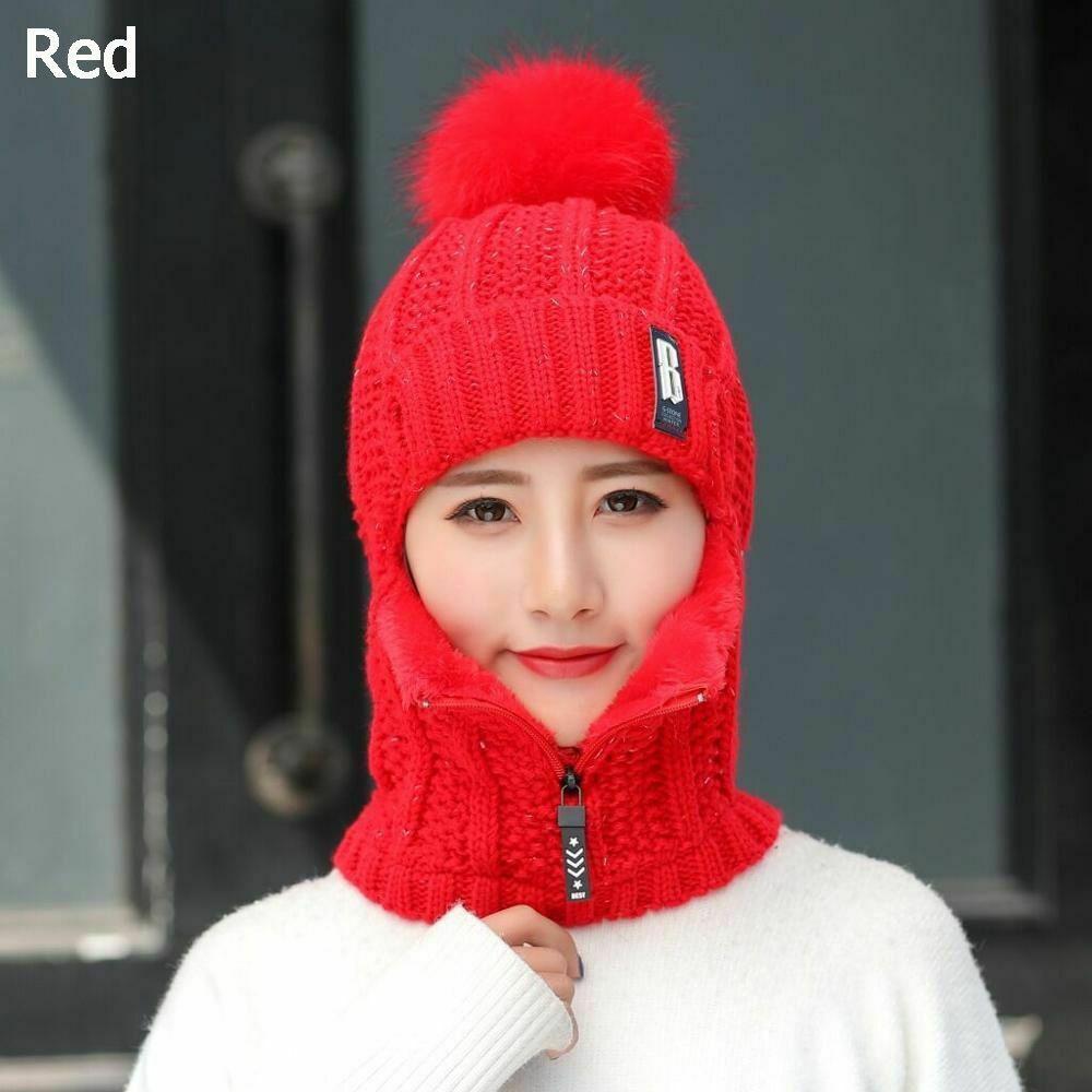 Hochwertiger Winter Siamese Schal Kragen Wolle Gestrickte Mütze Beanie Kappen Mütze Skifahren Reiten Bommel Mütze Plüsch Fleece Ohrenmütze(6 Farben)