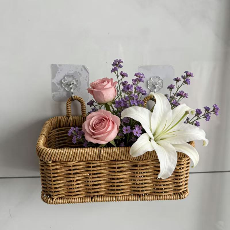 Wall Hanging Woven Storage Basket Set | Plastic Rattan Hanging Organizer with Hooks | 2 Sizes Kitchen Pantry Storage Basket for Home Decor