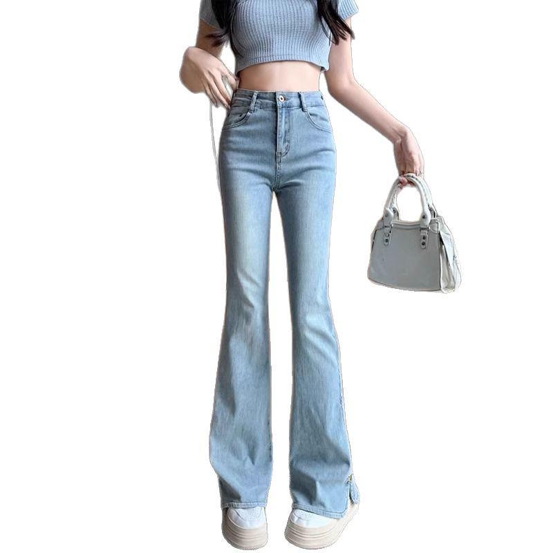 Women’s Light Blue Micro-Flared High-Waisted Jeans, Slit Design, Horseshoe Pants, Spring/Summer Style, Slimming American High Street Fashion.