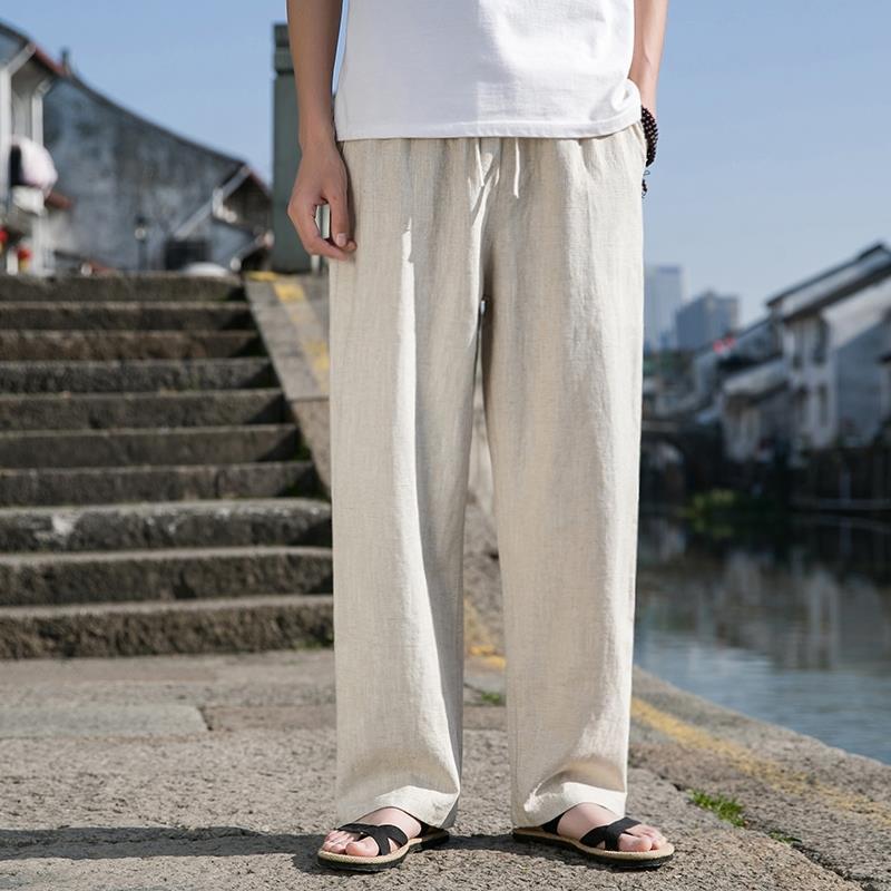 Chinese Style Men's Ramie Cotton Linen Trousers - Loose Plus Size, Straight Leg, Casual Tang Suit for Middle-Aged and Elderly, Spring/Summer.