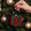 Holiday Party Supplies Christmas Gift Box Ornament with Glitter, 3D Present Hanging Decor Xmas Tree Decorations Green Ribbon Bow, Pendant, Festive