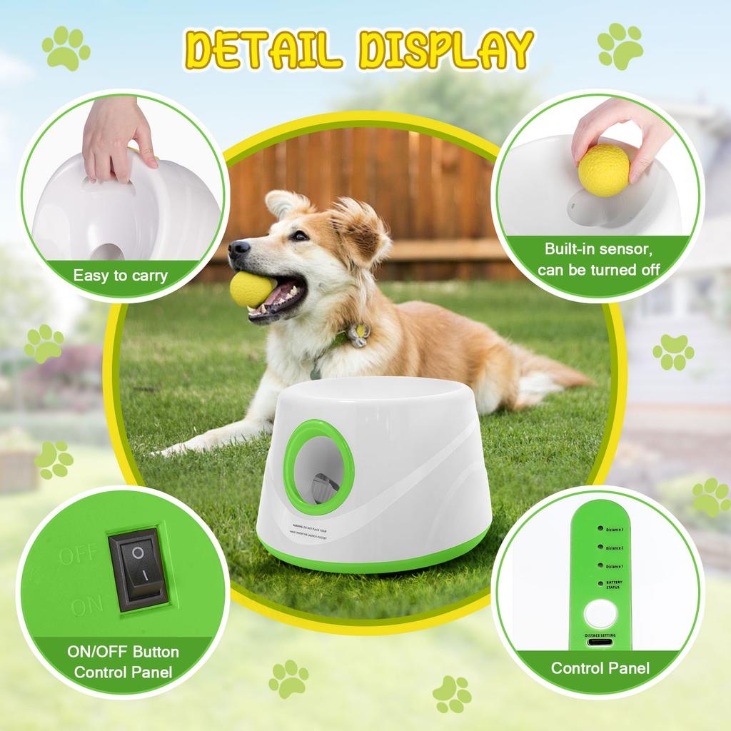 Lanceur de balles automatique pour chiens, Machine interactive de lancer de balle avec 3 niveaux de distance(20-46 pieds) & 5 Balles, Lanceur de Balle pour Chien pour Jouer à l'Intérieur et à l'Extérieur