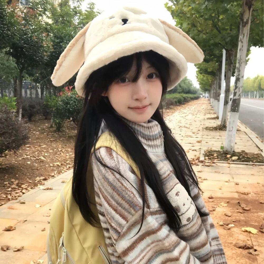 Korean Oversized Puppy Hat Winter Women Plush Hats Cute Doggie Ear Bucket Hat  Lady