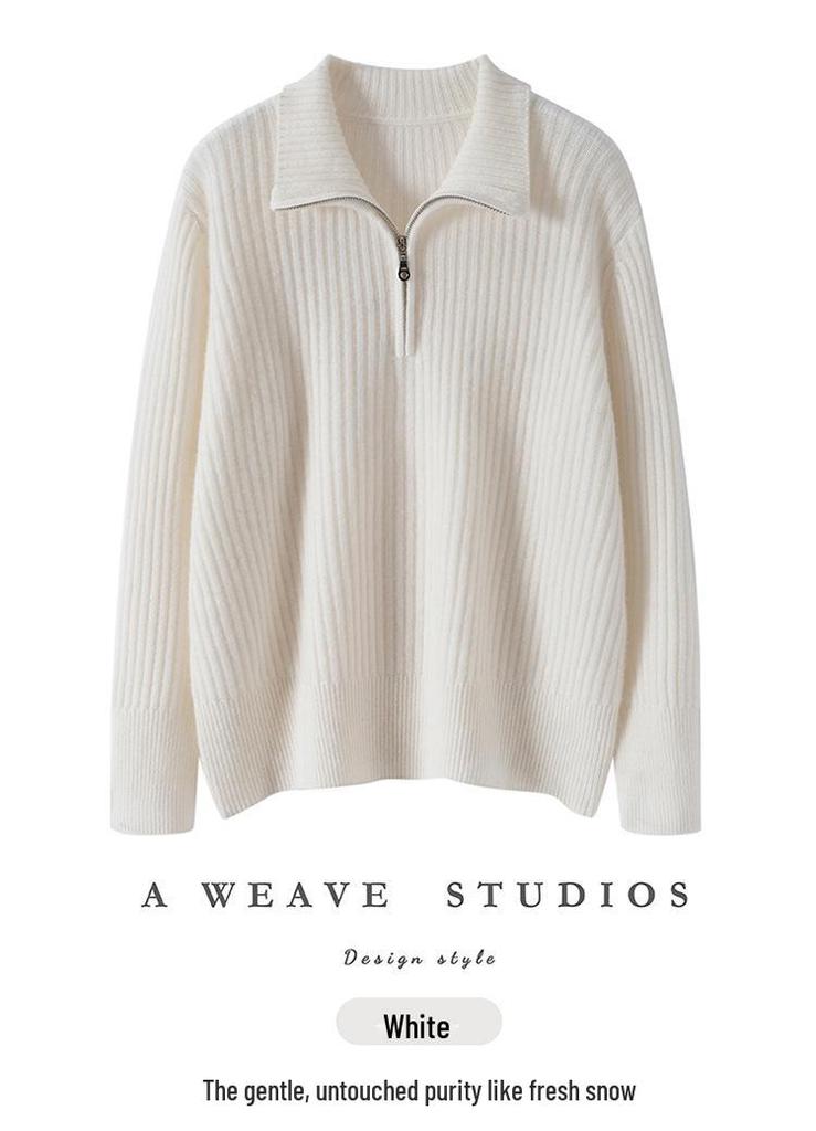Elegant European Cashmere Lambswool Zip-Up Sweater for Women