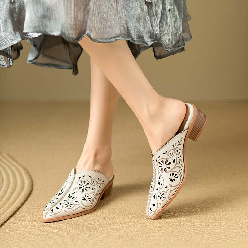 Krazing Pot Мюли из коровьей кожи с острым носком размер 43 дышащие на толстом среднем каблуке модные в горошек с вырезами неглубокие осенние туфли-лодочки 34 слоновая кость 7454₽