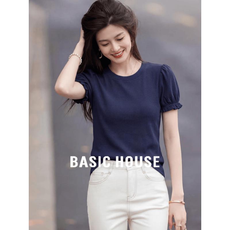 Basic House Women s Dusk Blue Puff Sleeve T-Shirt M