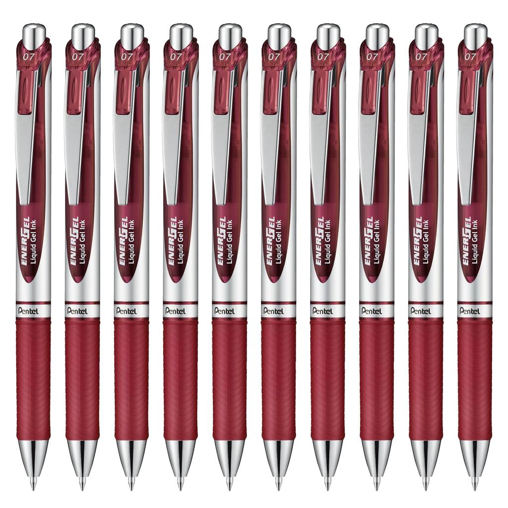 Pentel Energel Gel Ink Ballpoint Knock Silver 10 Pens Pen, Type, 0.7mm, Barrel, BL77-BG, Burgundy,